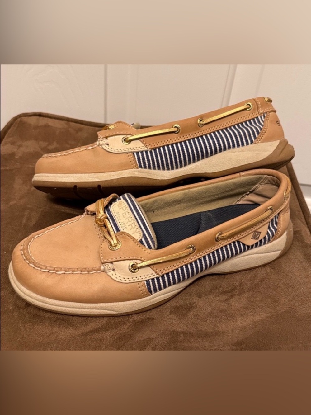 Sperry Leather Boat Shoes in Tan with Navy Accents
